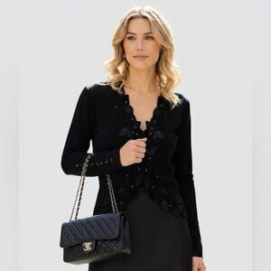 Nougat London Silk Velvet Embellished Floral Cardigan Fitted Knit Sweater Top L